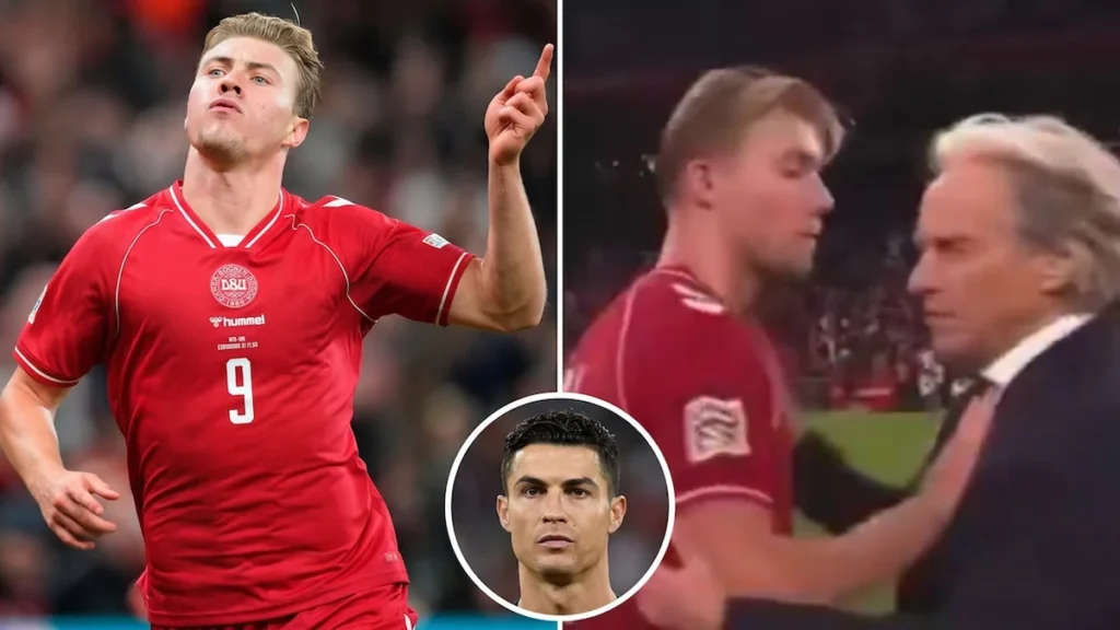 Rasmus Hojlund celebra su gol con el clásico salto de Cristiano Ronaldo en Copenhague