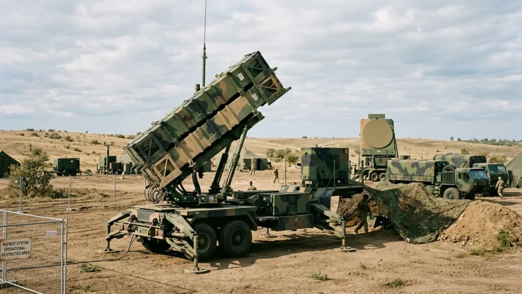 Batería de misiles Patriot desplegada en posición de defensa antiaérea táctica