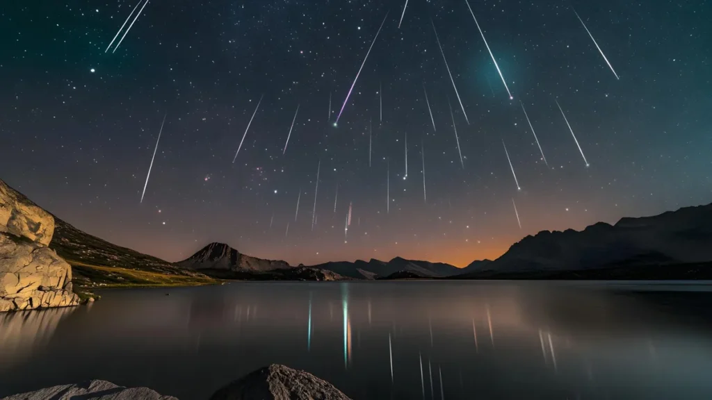 Fotografía nocturna de lluvia de estrellas fugaces y cielo estrellado con la Vía Láctea