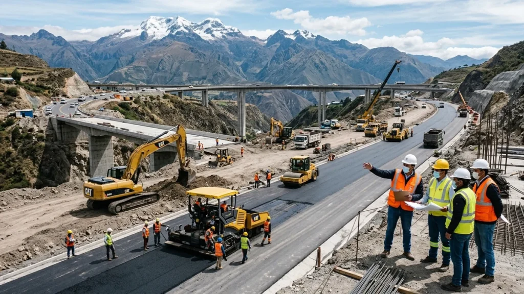 Obras de infraestructura vial y maquinaria pesada en proyecto de construcción en Ecuador