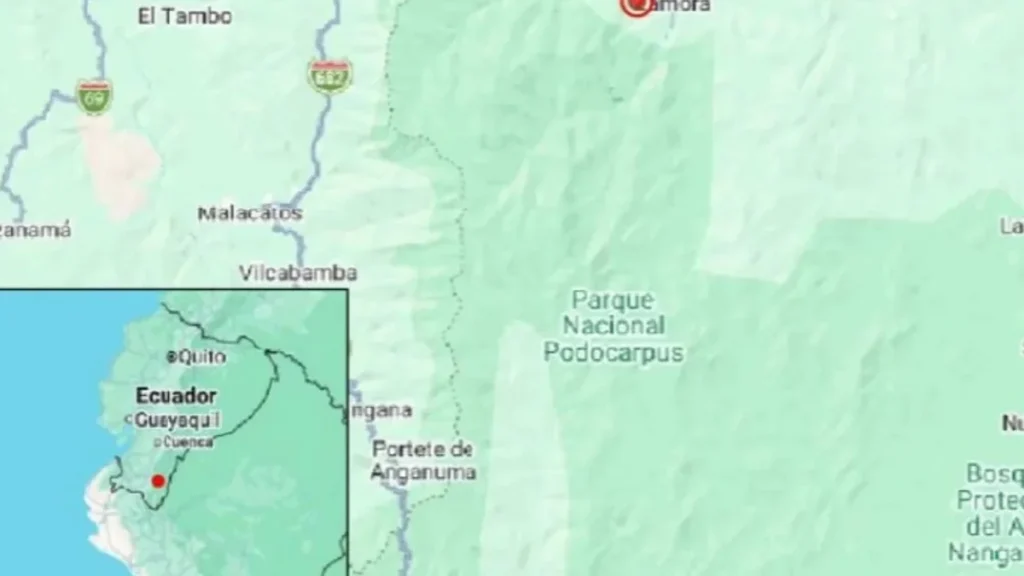 Mapa geográfico del sismo en Zamora Chinchipe emitido por el Instituto Geofísico
