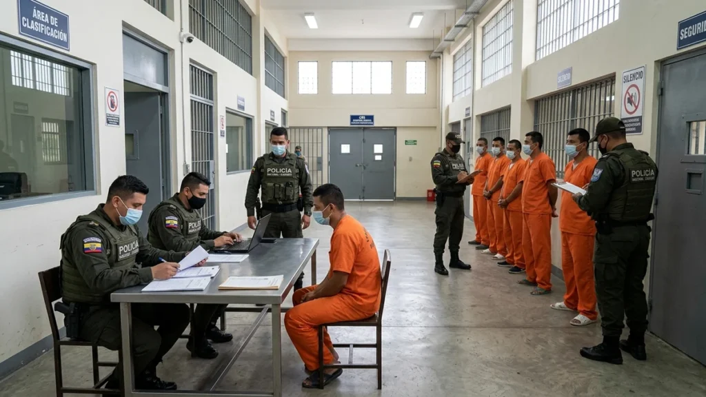 Autoridades penitenciarias del SNAI realizando clasificación de reos en una prisión de Ecuador