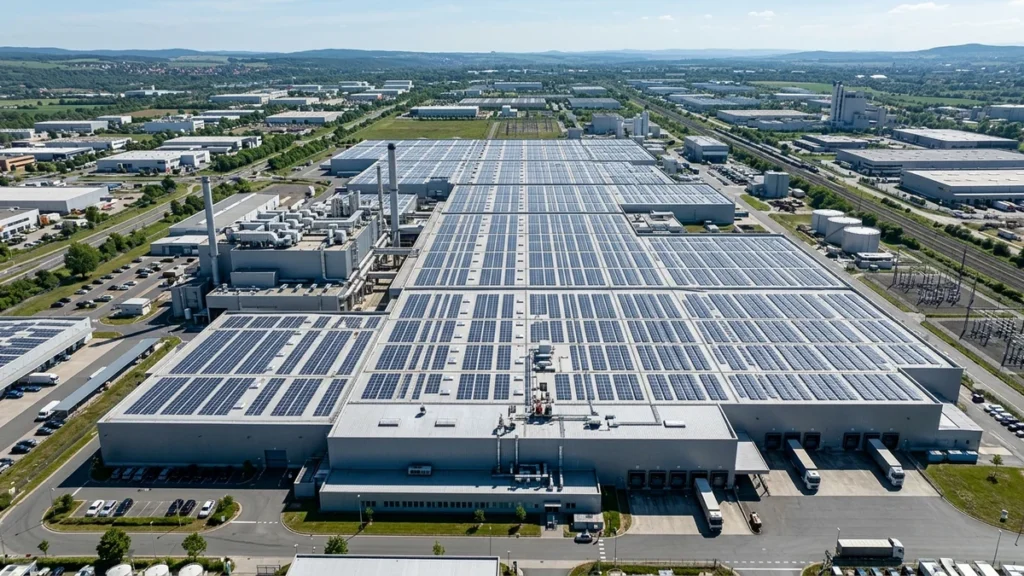 Instalación de paneles solares fotovoltaicos en el techo de planta industrial Fibroacero