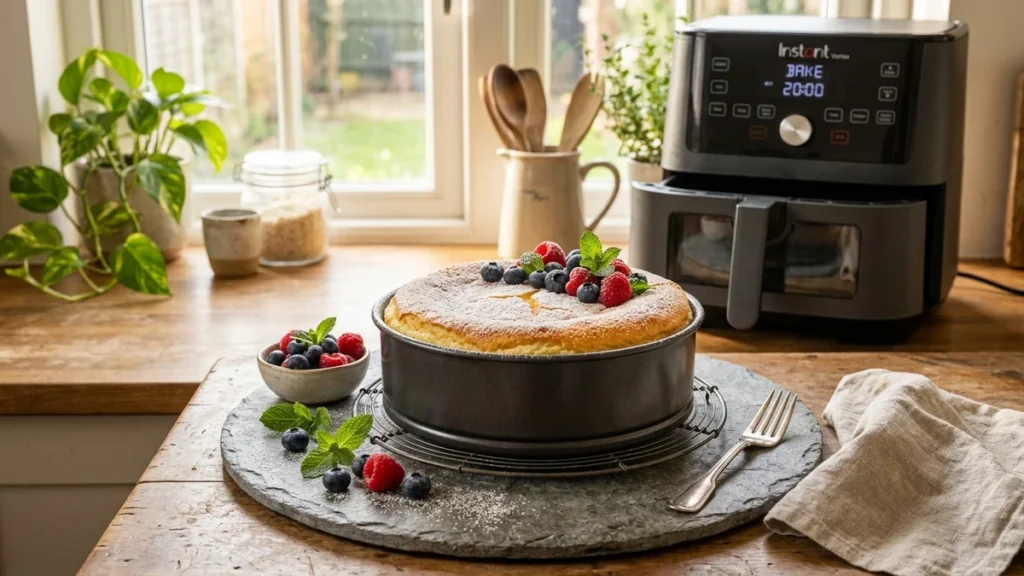 Tarta de yogur dorada y esponjosa recién horneada en freidora de aire con frutos rojos