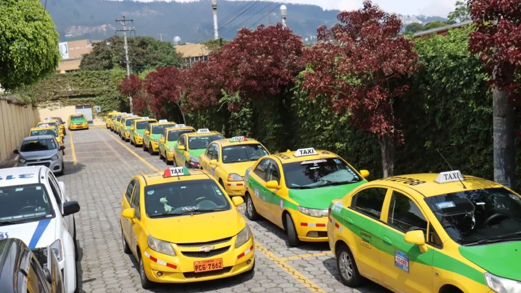 Unidades de taxis amarillos estacionadas en hilera durante asamblea gremial en Quito