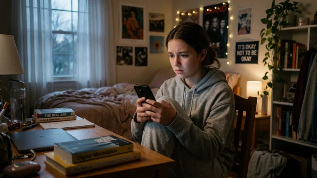 Adolescente sentada en su habitación observando preocupada la pantalla de su smartphone