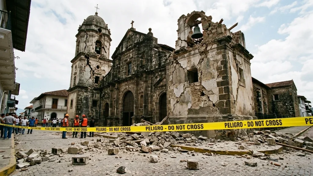 Fachada colonial de una iglesia histórica afectada por un terremoto en el Caribe