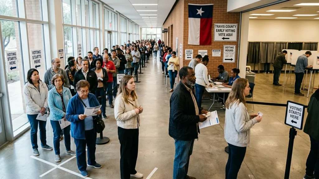 Ciudadanos en Texas esperando en fila para sufragar durante la votación anticipada para el Senado