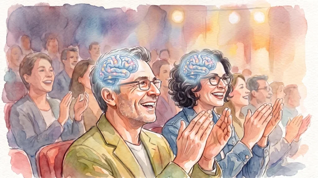 Cerebro humano iluminado con conexiones neuronales junto a instrumentos musicales