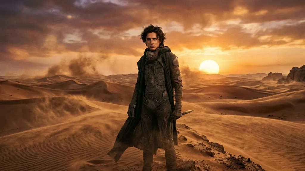 Timothée Chalamet como Paul Atreides en el desierto de Arrakis