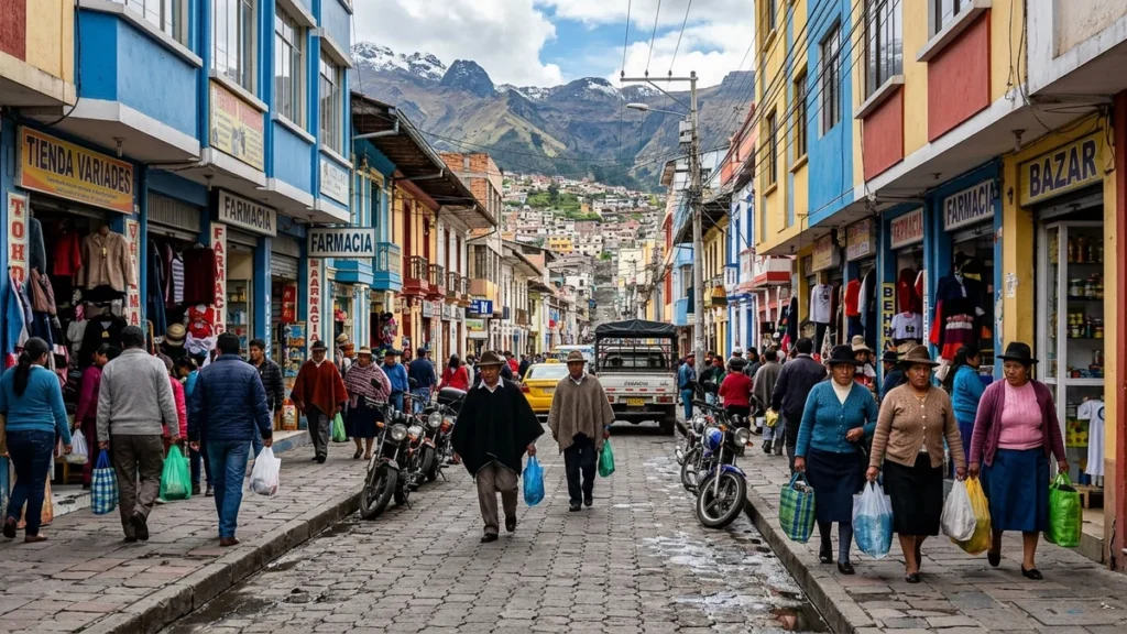 Calle comercial de Tulcán con tiendas y personas caminando con bolsas de compras