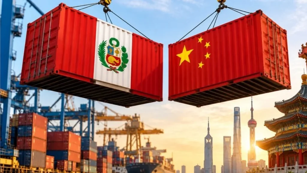 Banderas de Perú y China ondeando en un acto oficial de comercio exterior multilateral