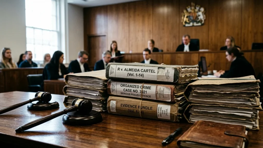 Expedientes judiciales y mallete en sala de audiencias penales