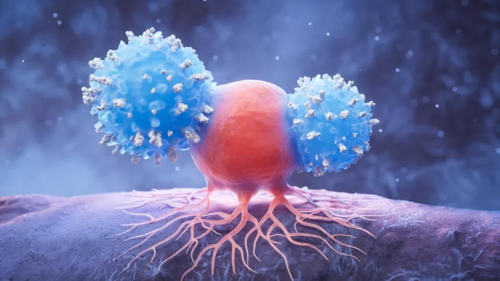 Micrografía de células del sistema inmunitario interactuando con células tumorales