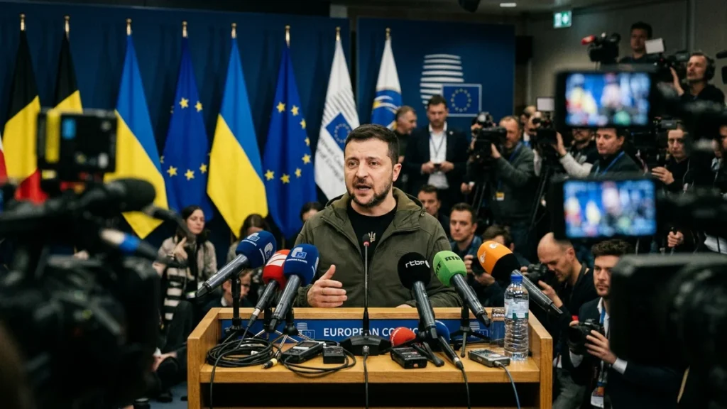 Volodímir Zelenski interviniendo en conferencia ante líderes europeos con terminal satelital
