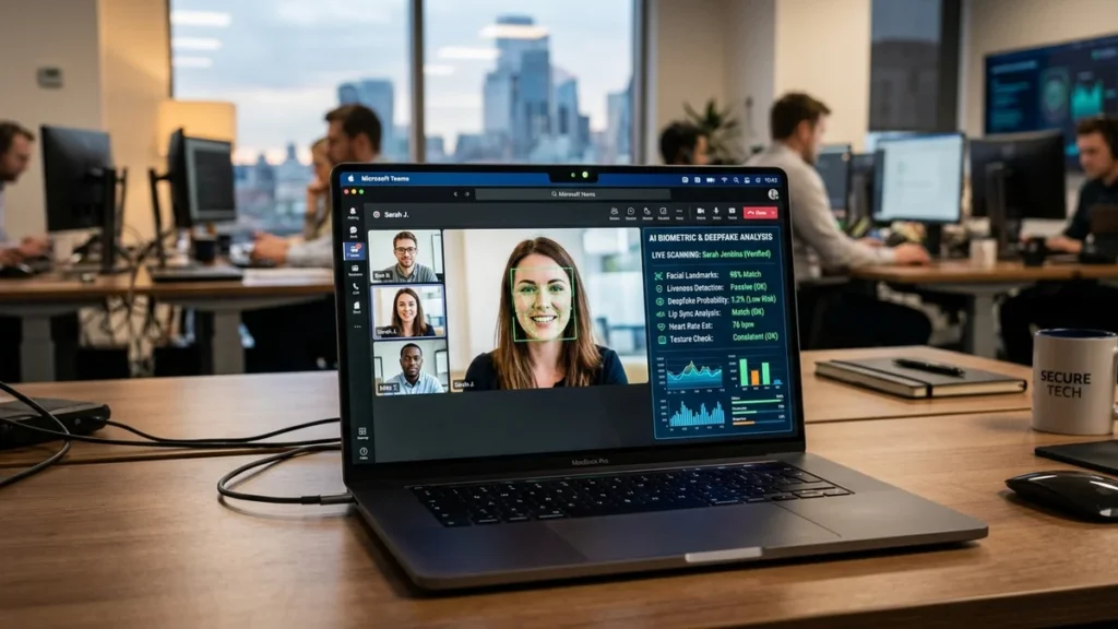 Pantalla de computadora portátil mostrando interfaz de detección biométrica de deepfakes en videollamada