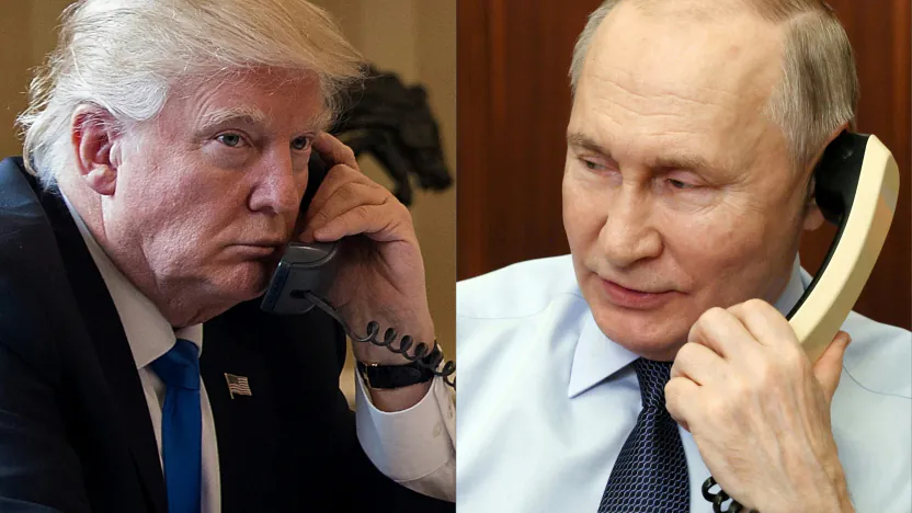Combinación de fotos de Donald Trump y Vladímir Putin durante su conversación telefónica sobre la guerra en Ucrania.