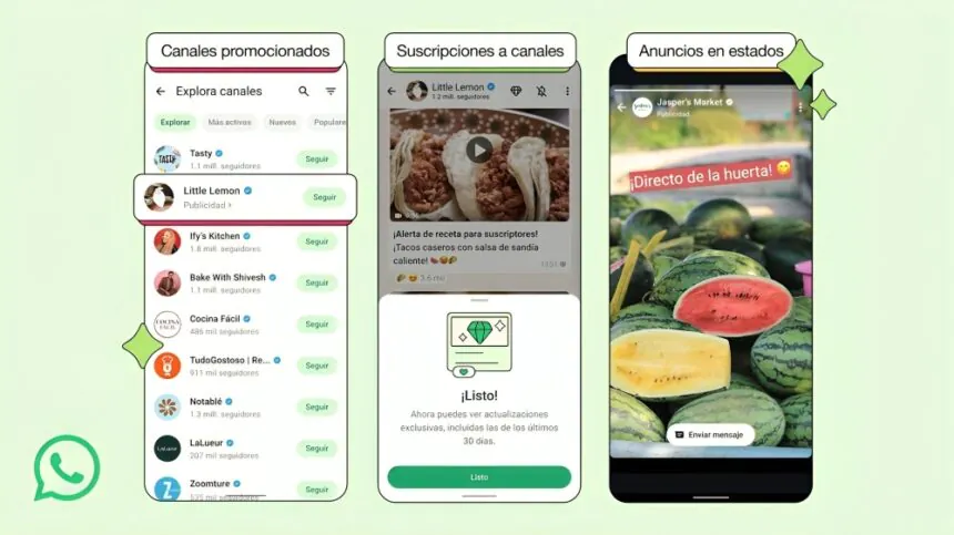 "Interfaz de WhatsApp con anuncios integrados en canales y estados, reflejando la estrategia comercial de Meta"