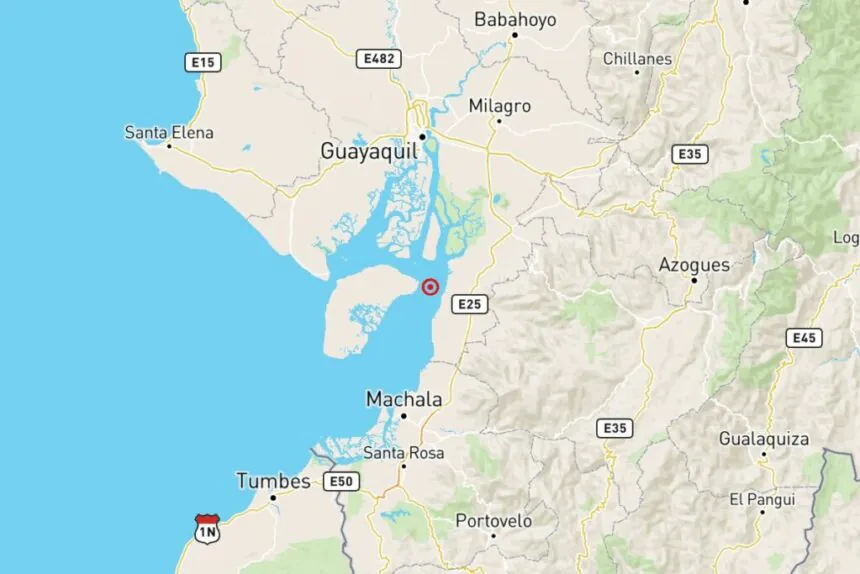Vista satelital del epicentro del temblor en Ecuador registrado por el Instituto Geofísico